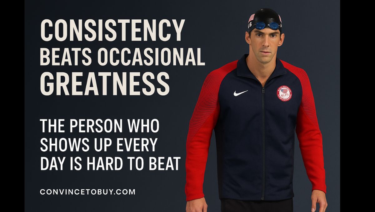 Motivational banner featuring swimmer Michael Phelps in a Team USA jacket with the quote “Consistency beats occasional greatness” and “The person who shows up every day is hard to beat” on a dark modern background.